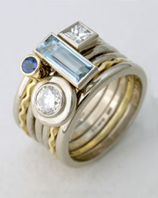 Stacking Ring multi-stone in 18K gold with Aqua, two diamonds and small Sapphire